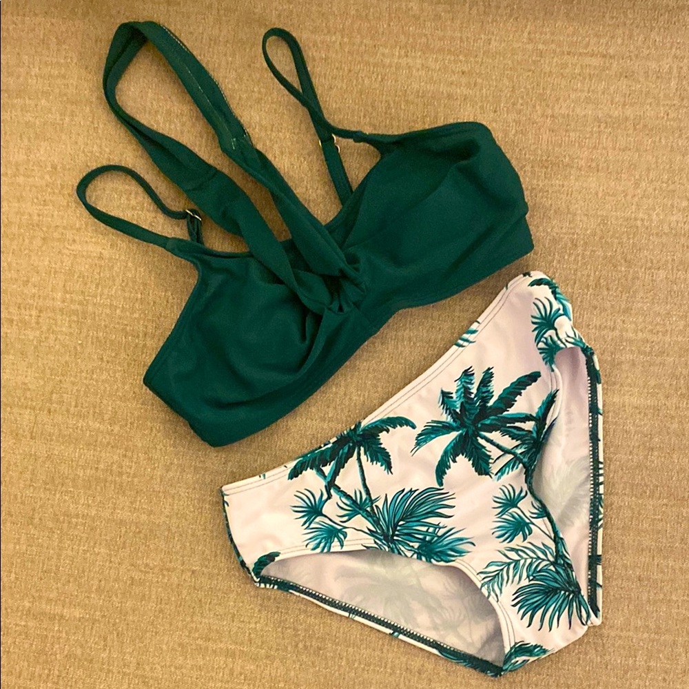 Teal and white Bikini with Palm Print
